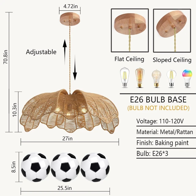 Alt view image 4 of 7 - 3-Light Rattan Chandelier, 27" Large Boho Pendant Light