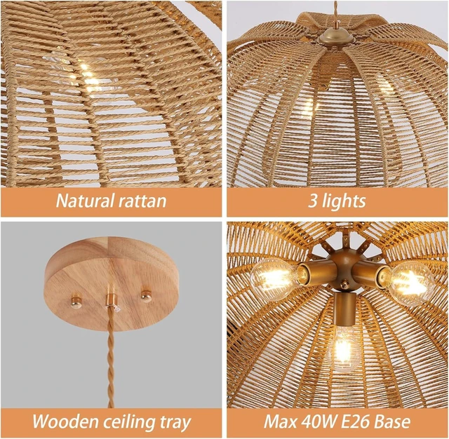 Alt view image 5 of 7 - 3-Light Rattan Chandelier, 27" Large Boho Pendant Light