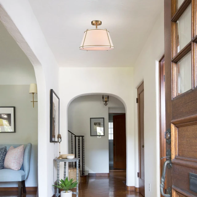 Alt view image 2 of 6 - Semi Flush Mount Ceiling Light with Gold Metal Fabric Drum Shade