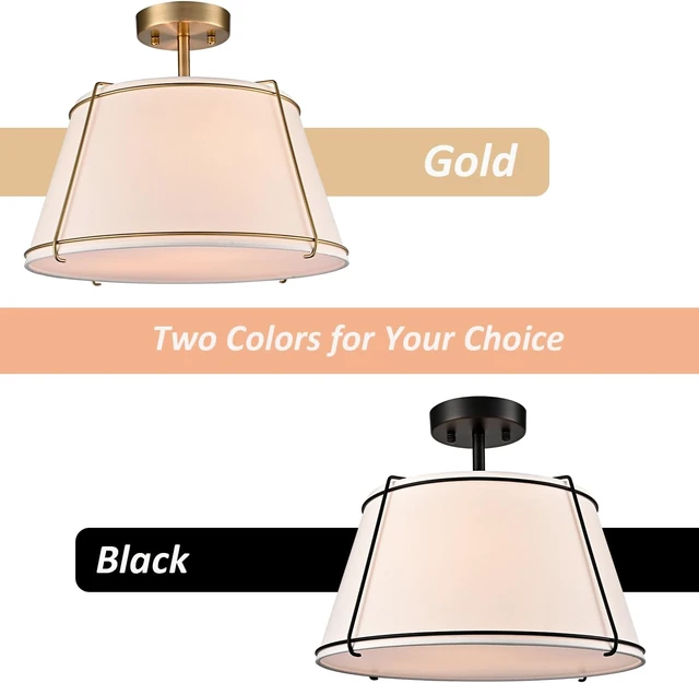 Alt view image 3 of 6 - Semi Flush Mount Ceiling Light with Gold Metal Fabric Drum Shade