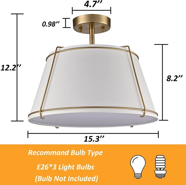 Alt view image 5 of 6 - Semi Flush Mount Ceiling Light with Gold Metal Fabric Drum Shade