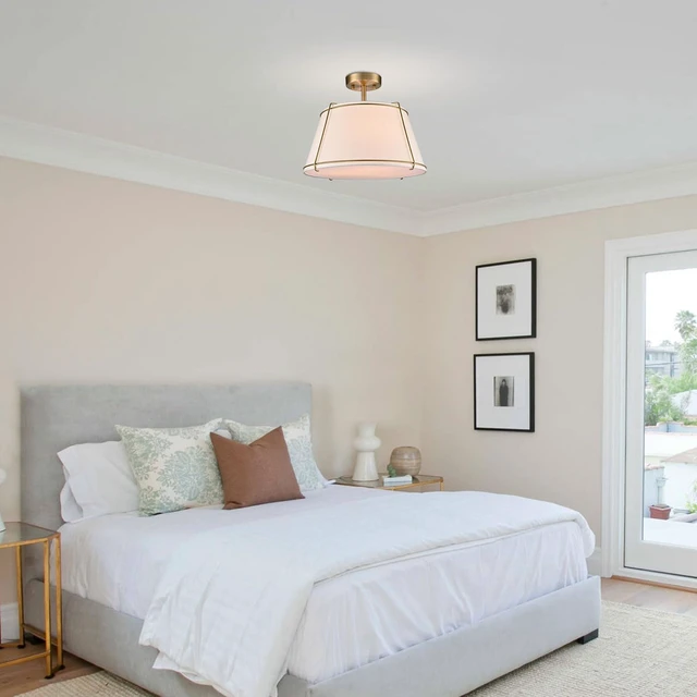 Alt view image 4 of 6 - Semi Flush Mount Ceiling Light with Gold Metal Fabric Drum Shade