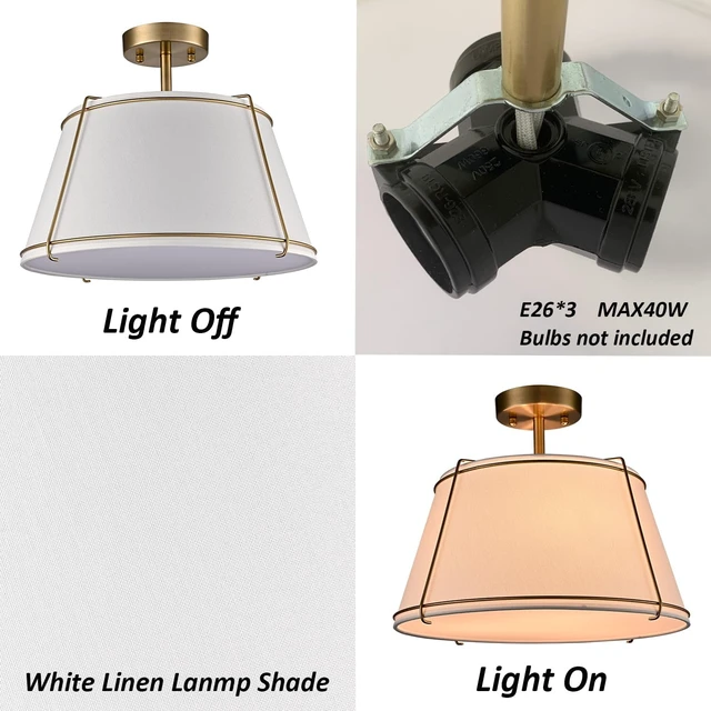 Alt view image 6 of 6 - Semi Flush Mount Ceiling Light with Gold Metal Fabric Drum Shade
