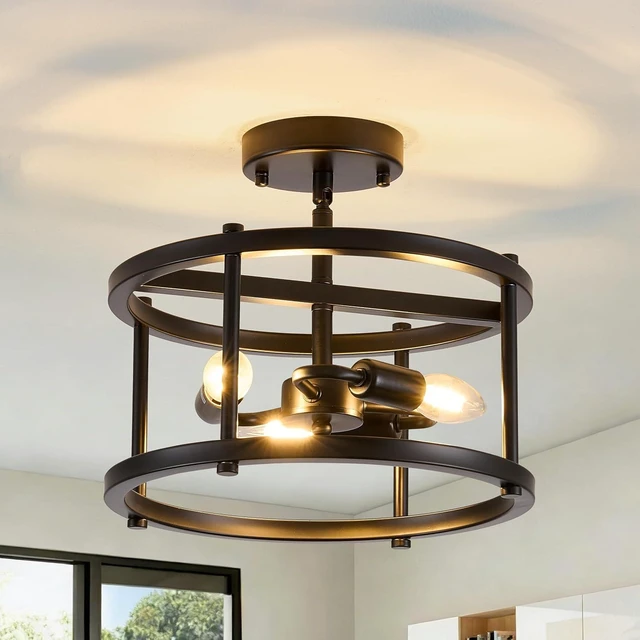 Main image of Semi Flush Mount Ceiling Light, 12.2-Inch Black Farmhouse Fixture, 3-Light