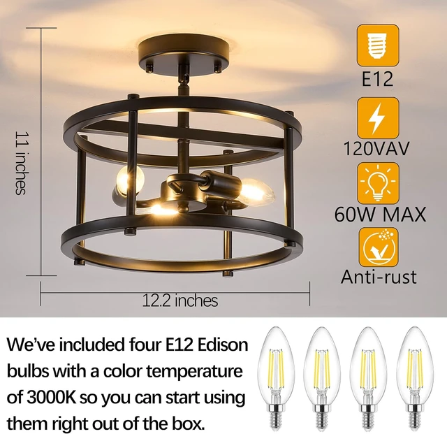 Alt view image 2 of 7 - Semi Flush Mount Ceiling Light, 12.2-Inch Black Farmhouse Fixture, 3-Light