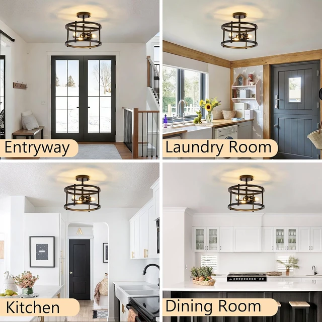 Alt view image 3 of 7 - Semi Flush Mount Ceiling Light, 12.2-Inch Black Farmhouse Fixture, 3-Light