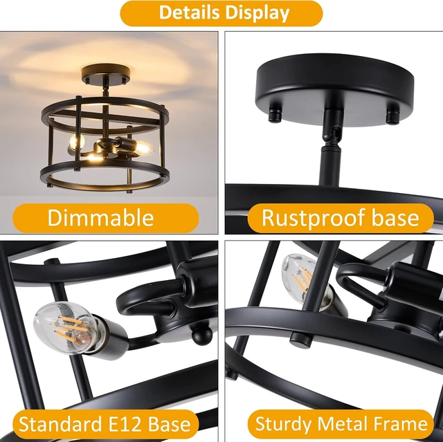 Alt view image 5 of 7 - Semi Flush Mount Ceiling Light, 12.2-Inch Black Farmhouse Fixture, 3-Light