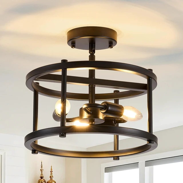 Alt view image 7 of 7 - Semi Flush Mount Ceiling Light, 12.2-Inch Black Farmhouse Fixture, 3-Light