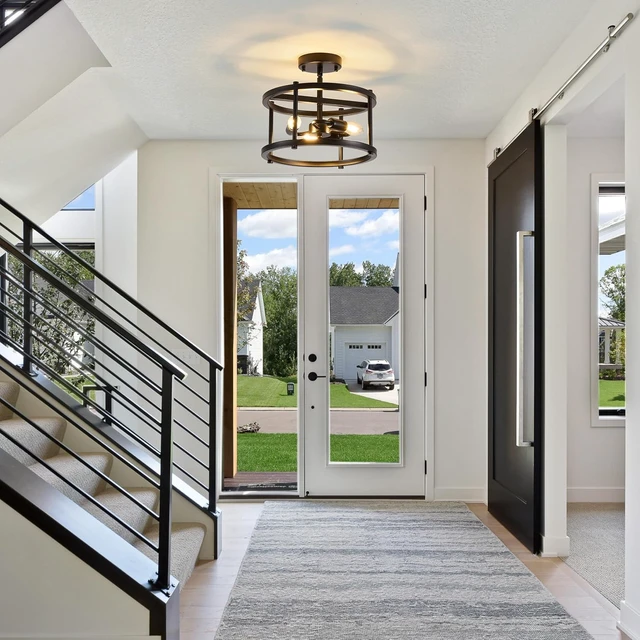 Alt view image 6 of 7 - Semi Flush Mount Ceiling Light, 12.2-Inch Black Farmhouse Fixture, 3-Light