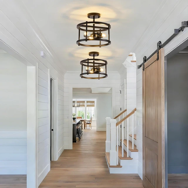 Alt view image 4 of 7 - Semi Flush Mount Ceiling Light, 12.2-Inch Black Farmhouse Fixture, 3-Light