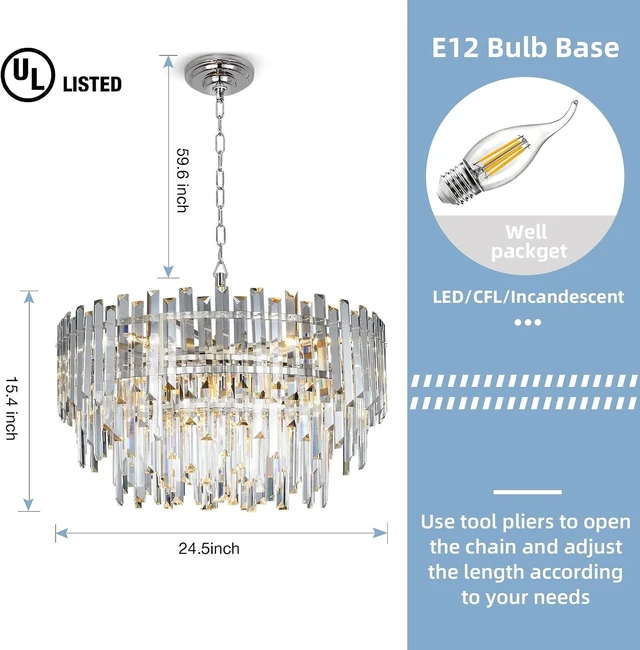 Alt view image 4 of 7 - 24" Modern Crystal Chandelier, 3-Tier Chrome Pendant Light with 8 Lights, Luxury K9 Crystal Ceiling Fixture for Dining Room Living Room Foyer
