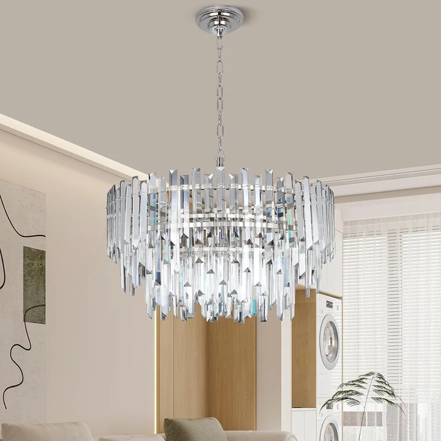 Alt view image 5 of 7 - 24" Modern Crystal Chandelier, 3-Tier Chrome Pendant Light with 8 Lights, Luxury K9 Crystal Ceiling Fixture for Dining Room Living Room Foyer