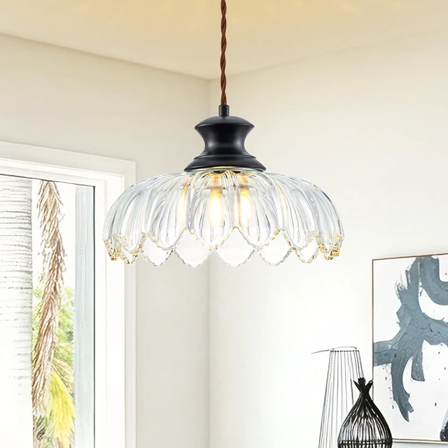 Main image of Pendant Light with Clear Flower Patterned Glass,Vintage Light Pendant Lighting Fixtures Adjustable Height,Black Hanging Ceiling Lamp Fixture for Kitchen Island,Bedroom Dining Room