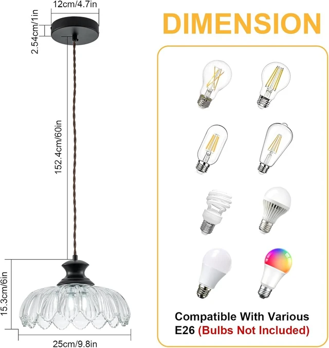 Alt view image 3 of 7 - Pendant Light with Clear Flower Patterned Glass,Vintage Light Pendant Lighting Fixtures Adjustable Height,Black Hanging Ceiling Lamp Fixture for Kitchen Island,Bedroom Dining Room
