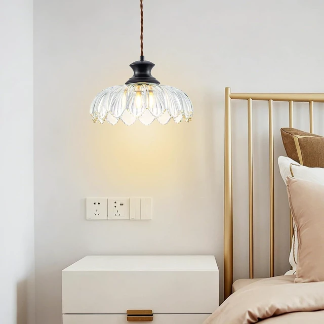 Alt view image 5 of 7 - Pendant Light with Clear Flower Patterned Glass,Vintage Light Pendant Lighting Fixtures Adjustable Height,Black Hanging Ceiling Lamp Fixture for Kitchen Island,Bedroom Dining Room