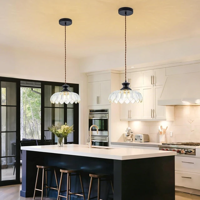Alt view image 6 of 7 - Pendant Light with Clear Flower Patterned Glass,Vintage Light Pendant Lighting Fixtures Adjustable Height,Black Hanging Ceiling Lamp Fixture for Kitchen Island,Bedroom Dining Room