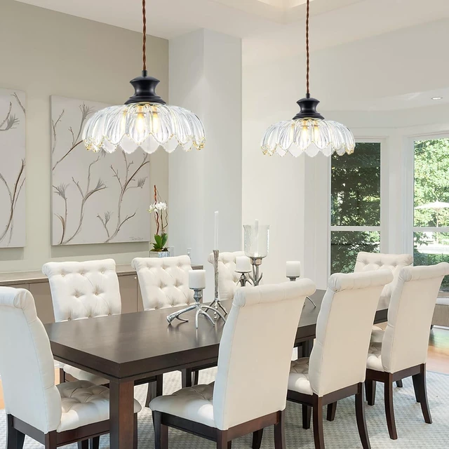 Alt view image 7 of 7 - Pendant Light with Clear Flower Patterned Glass,Vintage Light Pendant Lighting Fixtures Adjustable Height,Black Hanging Ceiling Lamp Fixture for Kitchen Island,Bedroom Dining Room