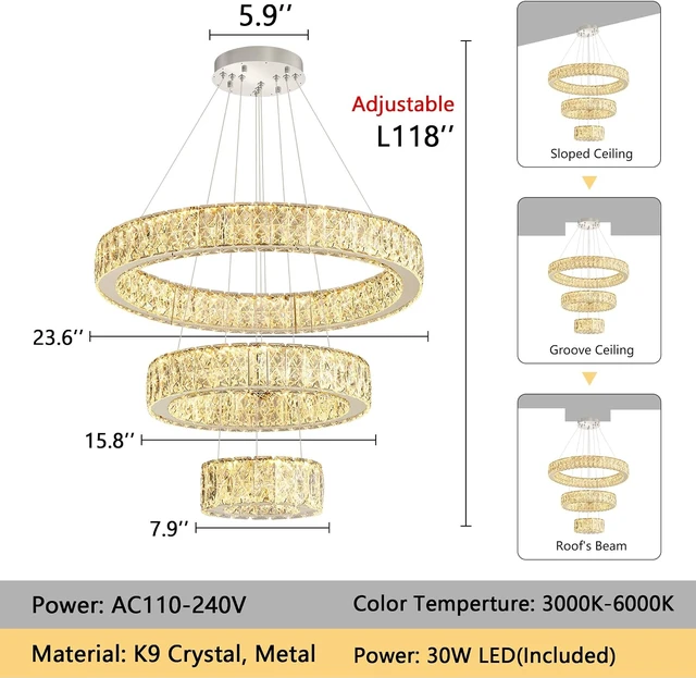 Alt view image 3 of 7 - Modern Crystal Chandelier 36W Dimmable LED Ceiling Light Fixture with Remote Luxury Adjustable Pendant Light for Living Room Dining Room Silver