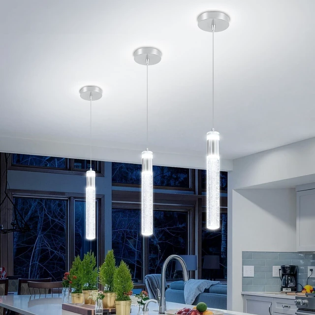 Main image of Modern LED Chrome Crystal Pendant Light Kitchen Island, Bedroom Bedside Hanging Ceiling Lamp with Crystal Bubble Column, Dimmable 3000k-6000k 1-Light Independent