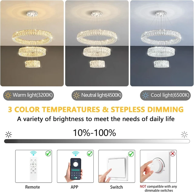 Alt view image 6 of 7 - Modern Crystal Chandelier 36W Dimmable LED Ceiling Light Fixture with Remote Luxury Adjustable Pendant Light for Living Room Dining Room Silver
