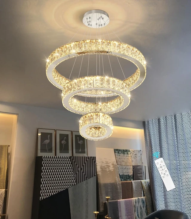 Alt view image 7 of 7 - Modern Crystal Chandelier 36W Dimmable LED Ceiling Light Fixture with Remote Luxury Adjustable Pendant Light for Living Room Dining Room Silver