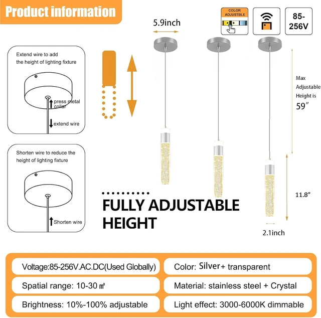 Alt view image 2 of 7 - Modern LED Chrome Crystal Pendant Light Kitchen Island, Bedroom Bedside Hanging Ceiling Lamp with Crystal Bubble Column, Dimmable 3000k-6000k 1-Light Independent