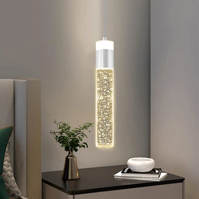 Alt view image 6 of 7 - Modern LED Chrome Crystal Pendant Light Kitchen Island, Bedroom Bedside Hanging Ceiling Lamp with Crystal Bubble Column, Dimmable 3000k-6000k 1-Light Independent