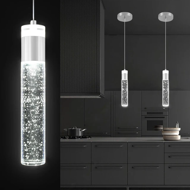 Alt view image 3 of 7 - Modern LED Chrome Crystal Pendant Light Kitchen Island, Bedroom Bedside Hanging Ceiling Lamp with Crystal Bubble Column, Dimmable 3000k-6000k 1-Light Independent