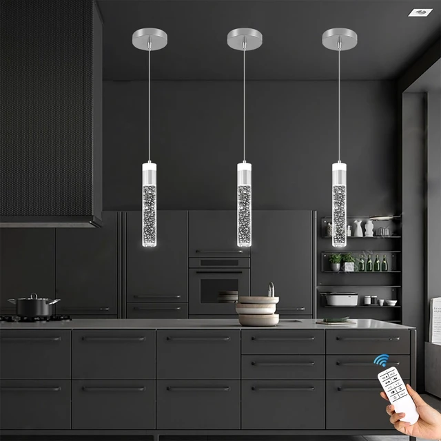 Alt view image 5 of 7 - Modern LED Chrome Crystal Pendant Light Kitchen Island, Bedroom Bedside Hanging Ceiling Lamp with Crystal Bubble Column, Dimmable 3000k-6000k 1-Light Independent
