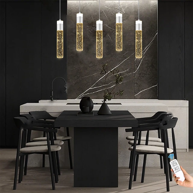 Alt view image 7 of 7 - Modern LED Chrome Crystal Pendant Light Kitchen Island, Bedroom Bedside Hanging Ceiling Lamp with Crystal Bubble Column, Dimmable 3000k-6000k 1-Light Independent