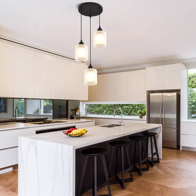 Alt view image 3 of 7 - 3 Lights Industrial Pendant Light with Glass Shade Matte Black Pendant Lighting Adjustable Industrial Retro Style Hanging Light,Kitchen Island Farmhouse Pendant Lights Fixtures for Kitchen,Farmhouse