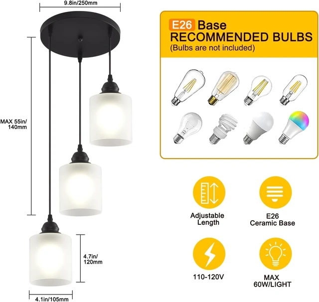 Alt view image 4 of 7 - 3 Lights Industrial Pendant Light with Glass Shade Matte Black Pendant Lighting Adjustable Industrial Retro Style Hanging Light,Kitchen Island Farmhouse Pendant Lights Fixtures for Kitchen,Farmhouse