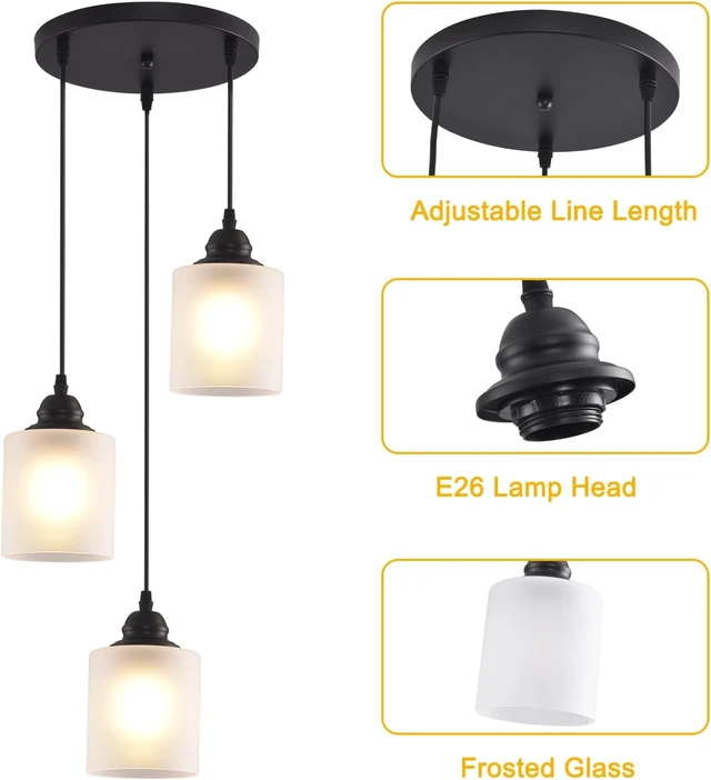 Alt view image 7 of 7 - 3 Lights Industrial Pendant Light with Glass Shade Matte Black Pendant Lighting Adjustable Industrial Retro Style Hanging Light,Kitchen Island Farmhouse Pendant Lights Fixtures for Kitchen,Farmhouse