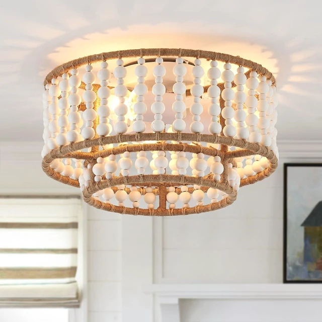 Main image of Boho Flush Mount Light Fixture Farmhouse, 3-Light Rustic Hallway Lights, Small White Bead Chandelier for Kitchen Entryway Laundry Nursery