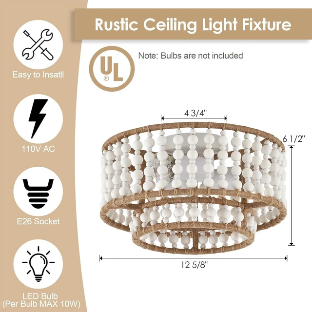 Alt view image 5 of 7 - Boho Flush Mount Light Fixture Farmhouse, 3-Light Rustic Hallway Lights, Small White Bead Chandelier for Kitchen Entryway Laundry Nursery