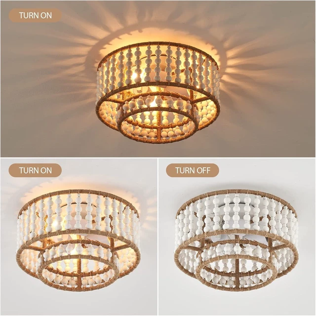 Alt view image 6 of 7 - Boho Flush Mount Light Fixture Farmhouse, 3-Light Rustic Hallway Lights, Small White Bead Chandelier for Kitchen Entryway Laundry Nursery