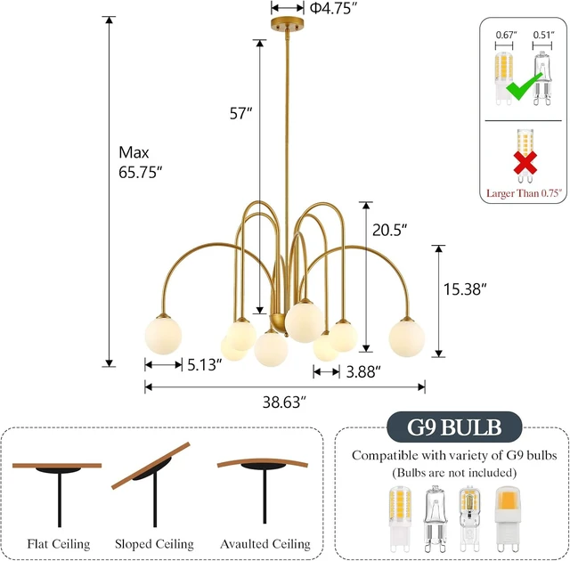 Alt view image 2 of 7 - Modern Gold Sputnik Chandelier 8-Light Mid Century Chandeliers with Milk Glass Globe Shades Luxury Large Pendant Light Fixture for Foyer Dining Room Living Room Staircase