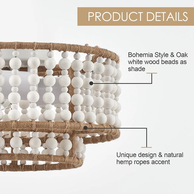Alt view image 4 of 7 - Boho Flush Mount Light Fixture Farmhouse, 3-Light Rustic Hallway Lights, Small White Bead Chandelier for Kitchen Entryway Laundry Nursery