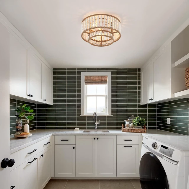 Alt view image 7 of 7 - Boho Flush Mount Light Fixture Farmhouse, 3-Light Rustic Hallway Lights, Small White Bead Chandelier for Kitchen Entryway Laundry Nursery
