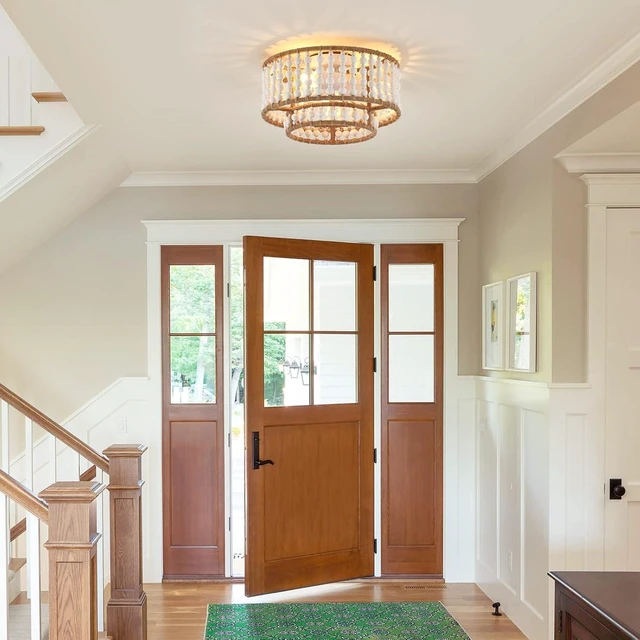 Alt view image 3 of 7 - Boho Flush Mount Light Fixture Farmhouse, 3-Light Rustic Hallway Lights, Small White Bead Chandelier for Kitchen Entryway Laundry Nursery