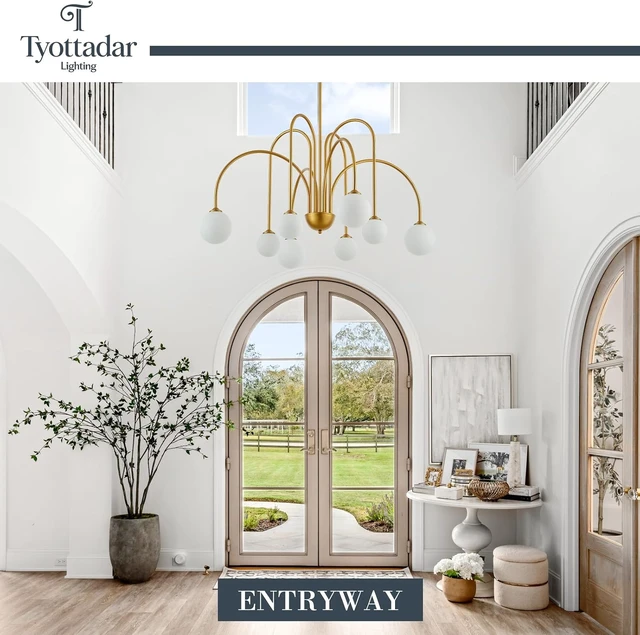 Alt view image 4 of 7 - Modern Gold Sputnik Chandelier 8-Light Mid Century Chandeliers with Milk Glass Globe Shades Luxury Large Pendant Light Fixture for Foyer Dining Room Living Room Staircase