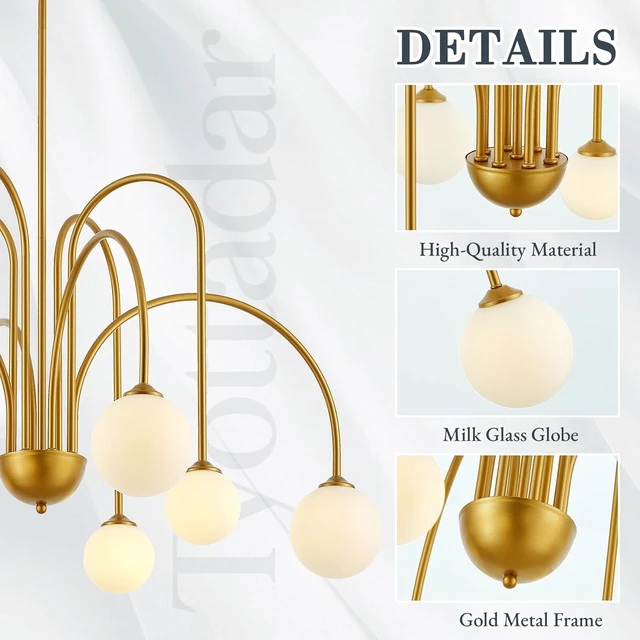 Alt view image 5 of 7 - Modern Gold Sputnik Chandelier 8-Light Mid Century Chandeliers with Milk Glass Globe Shades Luxury Large Pendant Light Fixture for Foyer Dining Room Living Room Staircase