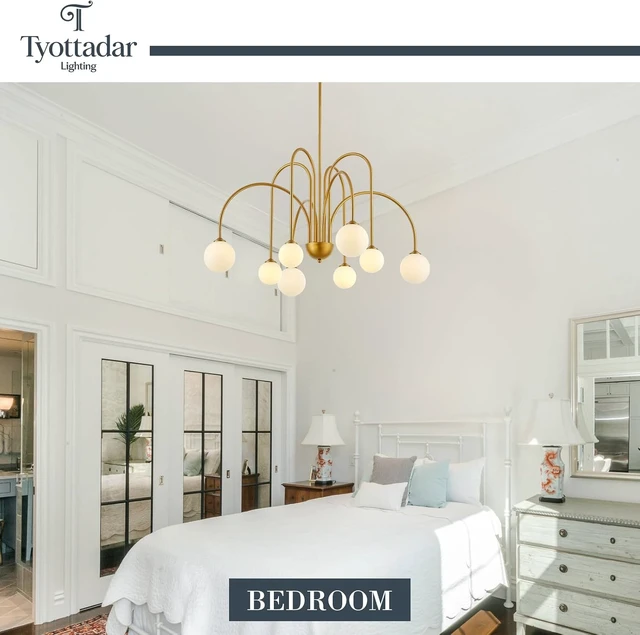 Alt view image 7 of 7 - Modern Gold Sputnik Chandelier 8-Light Mid Century Chandeliers with Milk Glass Globe Shades Luxury Large Pendant Light Fixture for Foyer Dining Room Living Room Staircase