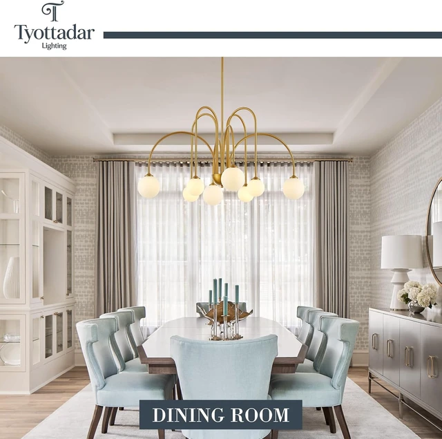 Alt view image 6 of 7 - Modern Gold Sputnik Chandelier 8-Light Mid Century Chandeliers with Milk Glass Globe Shades Luxury Large Pendant Light Fixture for Foyer Dining Room Living Room Staircase