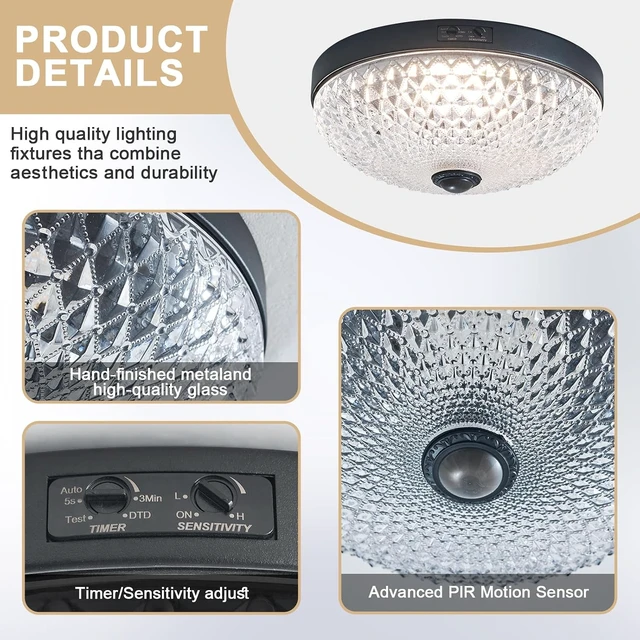 Alt view image 6 of 7 - Motion Sensor Outdoor Flush Mount Ceiling Light, Industrial Glass Rustic Light LED Ceiling Lamp for Porch, Entryway, Garage