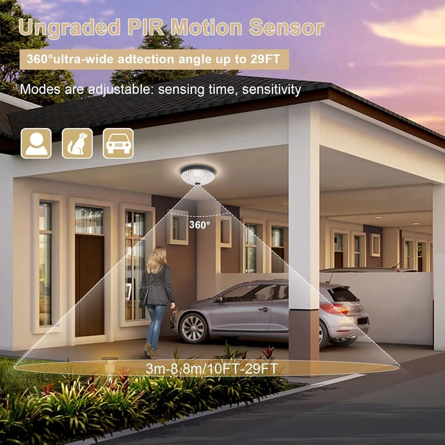 Alt view image 7 of 7 - Motion Sensor Outdoor Flush Mount Ceiling Light, Industrial Glass Rustic Light LED Ceiling Lamp for Porch, Entryway, Garage