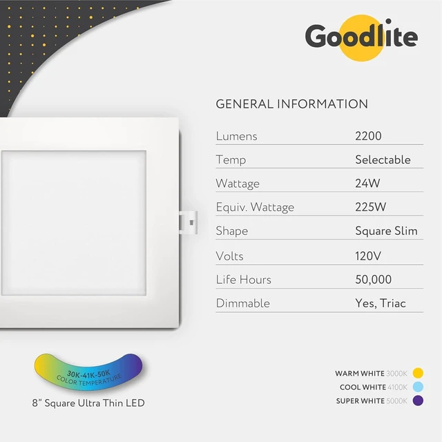Alt view image 4 of 7 - Goodlite 8-inch 24W - LED Recessed Ultra-Thin Square Slim Wafer Downlight, Dimmable (Triac), 2200 Lumens, 3 Color Selectable 3000K-4100K-5000K, CRI 90+, ETL Listed, 50k Hour, 225W Equal, 1ct (G-20229)