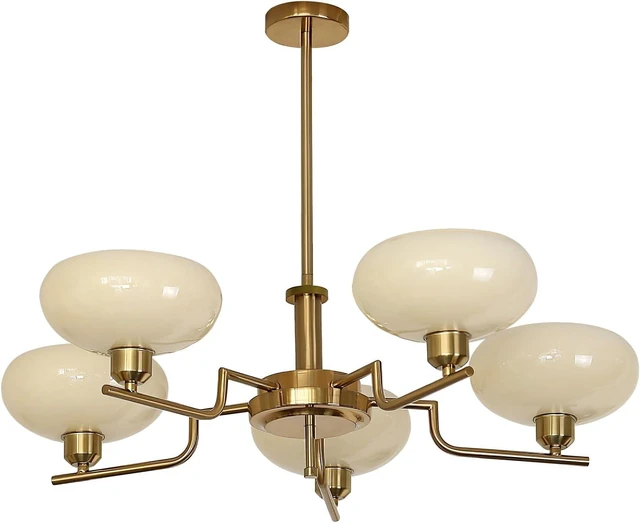 Main image of Mid Century Hanging Modern Chandelier, 5-Light Sputnik Globe Glass Ceiling Light Fixture Adjustable Hanging Farmhouse Chandelier with Cream Yellow Glass Shades for Dining Room Living Room Bedroom