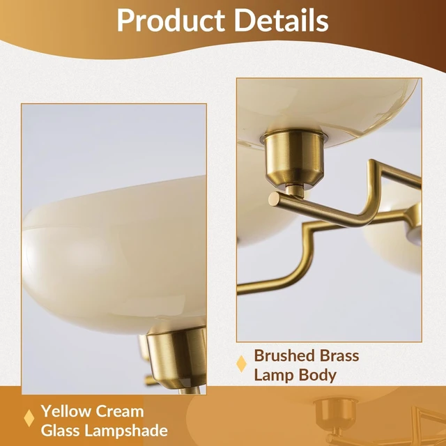 Alt view image 3 of 7 - Mid Century Hanging Modern Chandelier, 5-Light Sputnik Globe Glass Ceiling Light Fixture Adjustable Hanging Farmhouse Chandelier with Cream Yellow Glass Shades for Dining Room Living Room Bedroom