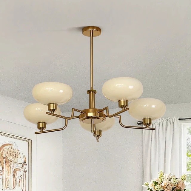 Alt view image 4 of 7 - Mid Century Hanging Modern Chandelier, 5-Light Sputnik Globe Glass Ceiling Light Fixture Adjustable Hanging Farmhouse Chandelier with Cream Yellow Glass Shades for Dining Room Living Room Bedroom